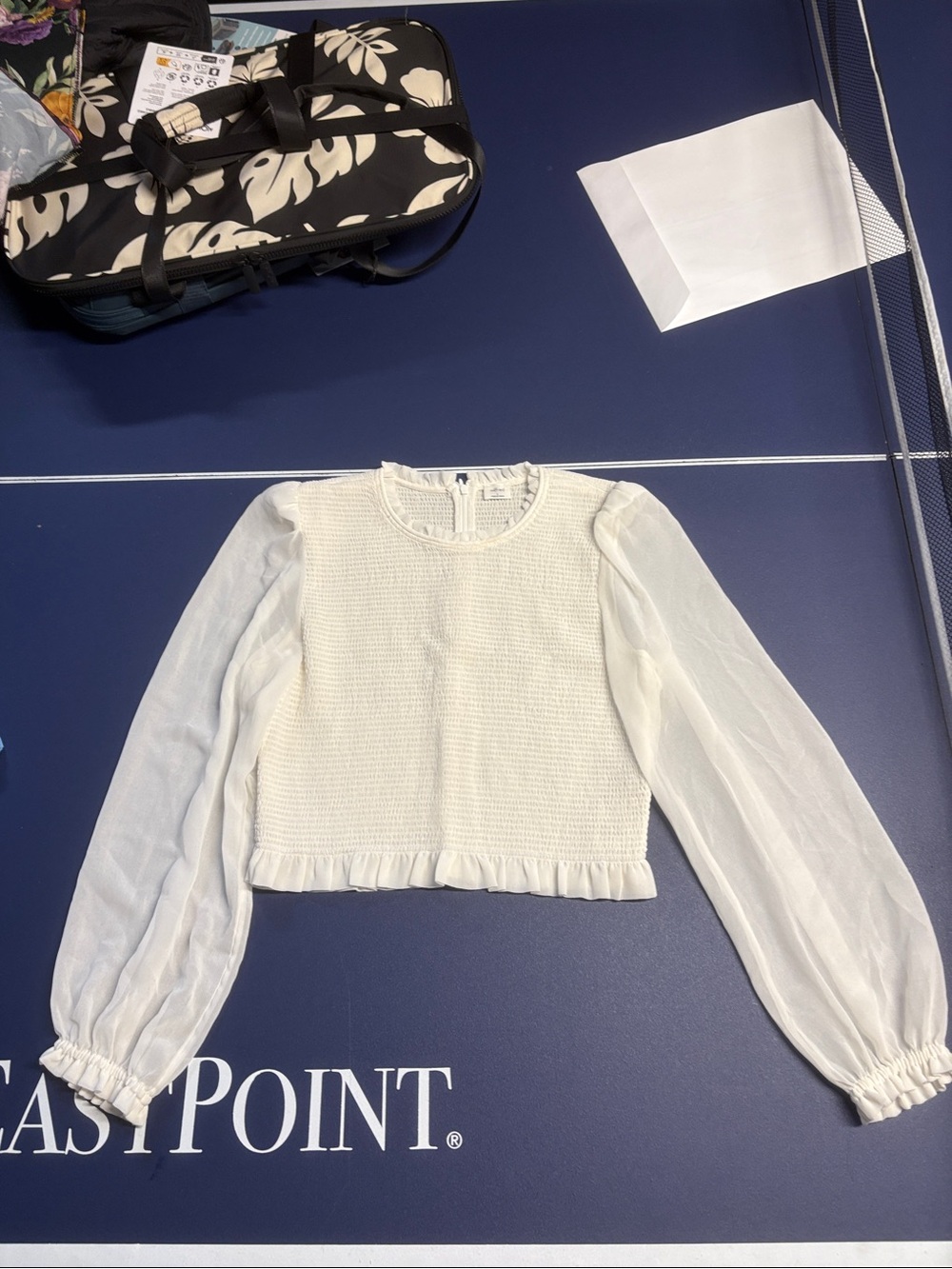Wilfred White Textured Sheer Sleeve  Cropped Top